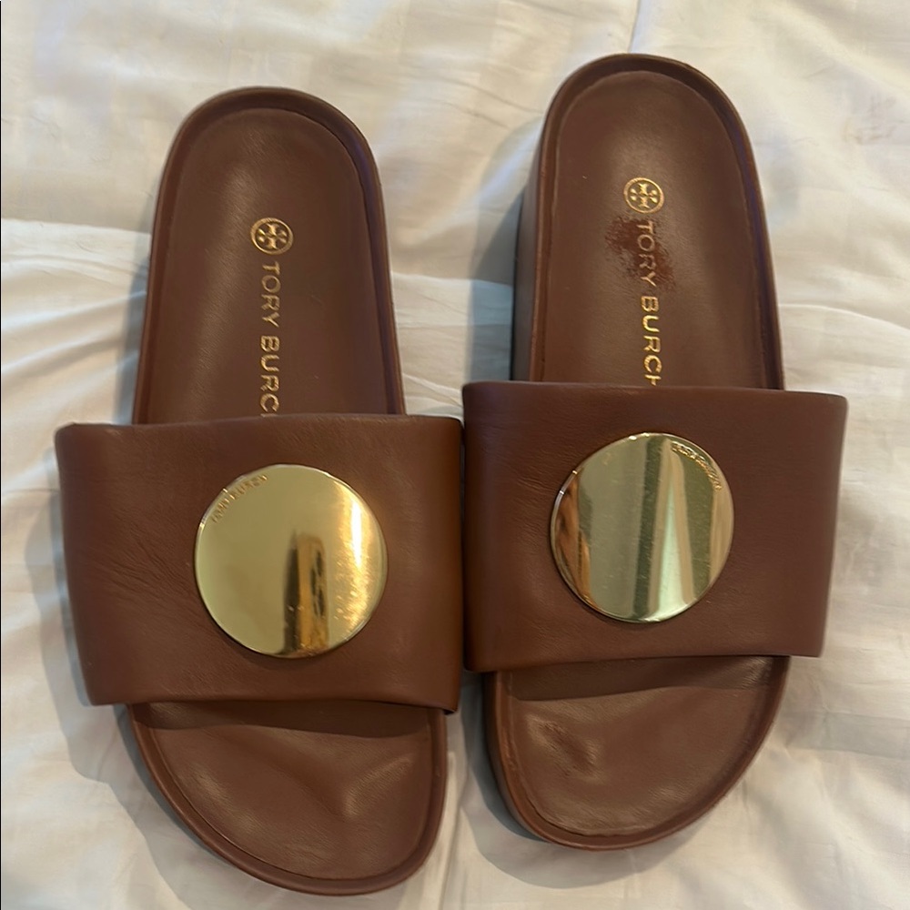 Tory Burch Brown Slides with Gold Accent